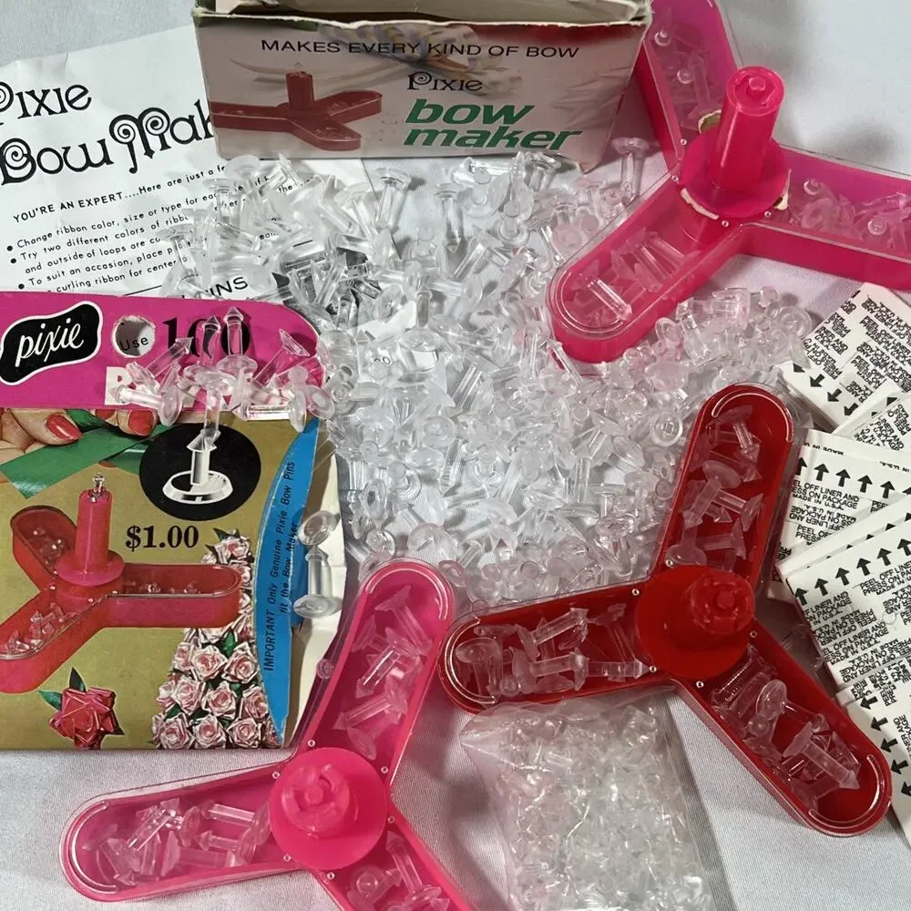 Vintage BIG LOT Pixie Bow Maker Kit 100s Bow Pins & Instructions Pink Red